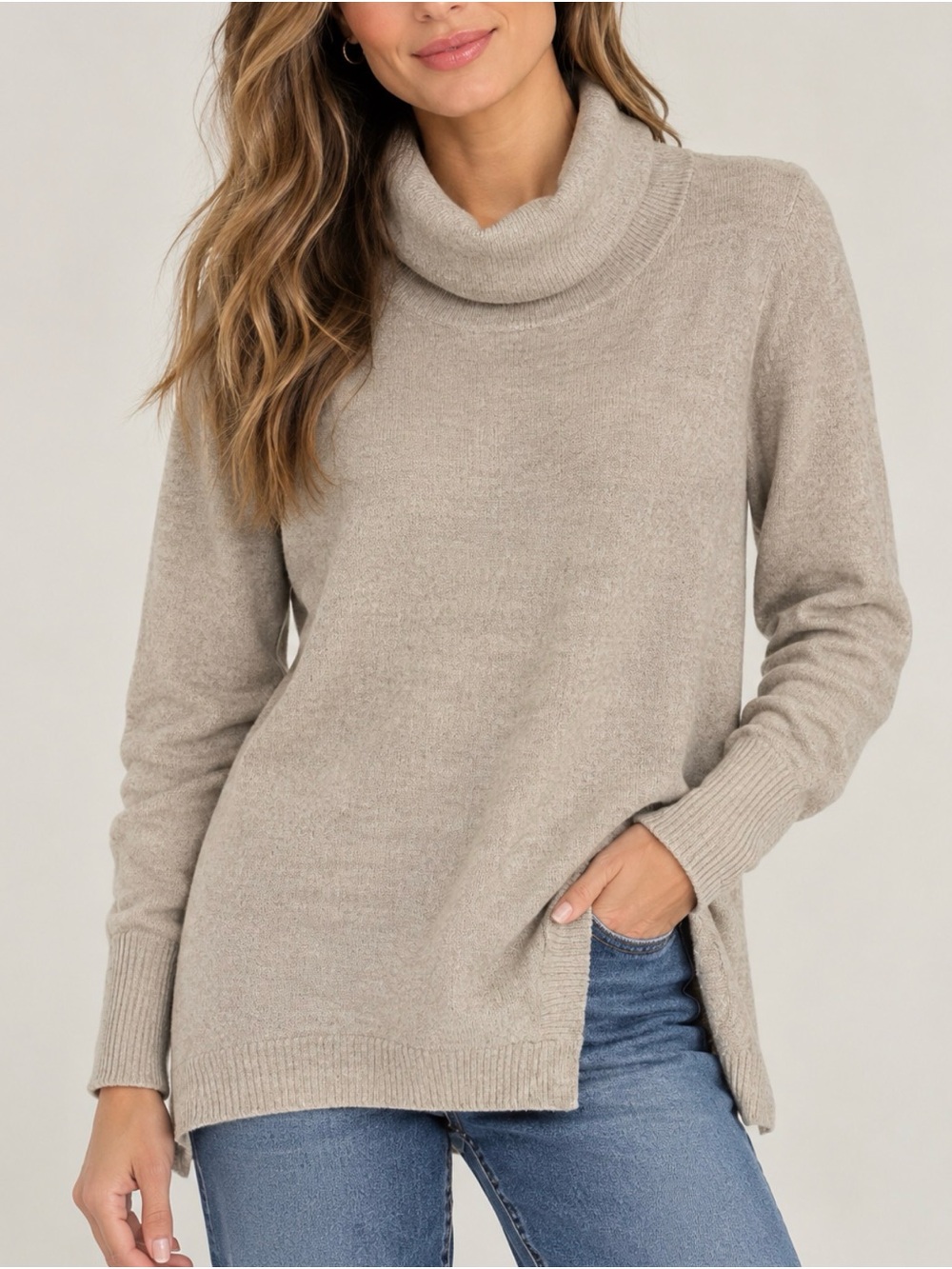 Eileen Fisher alpaca wool open cross Taupe Cowl-Neck Tunic Sweater